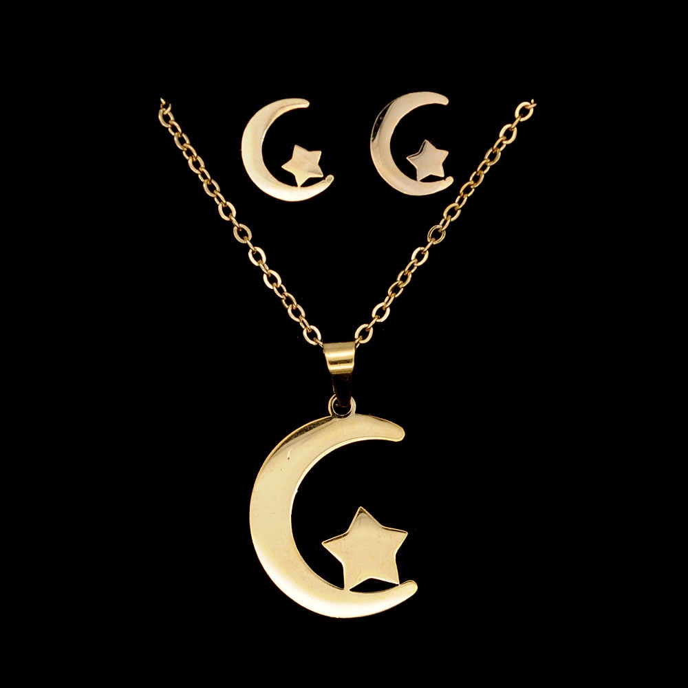 PVD Gold Filled Moon Star Earring Necklace Jewelry Set
