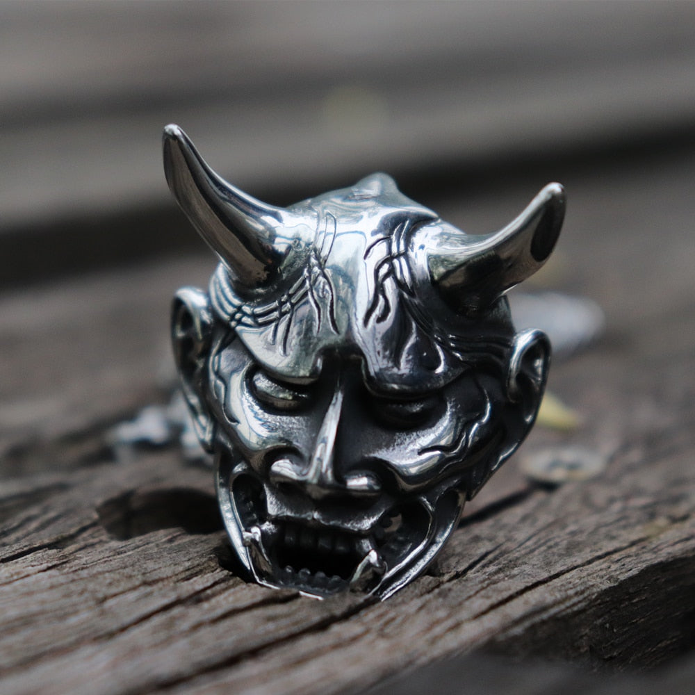Mens 316L Stainless Steel Japanese Anger Hannya Ghost Mask Pendant Necklace