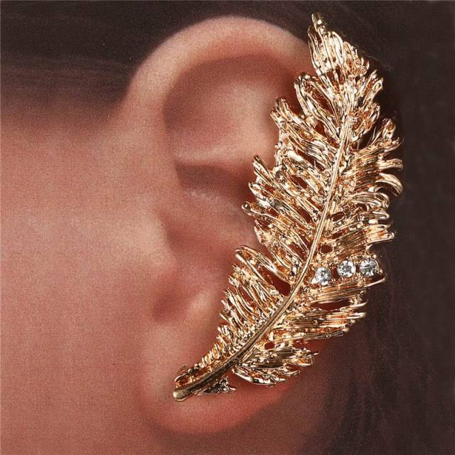 gold color Alloy crystal feather ear clips for women