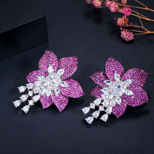 Silver 925 Jewelry Big Geometric Rose Red Flower Cubic Zircon Long Drop Earrings