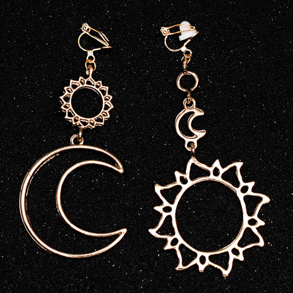 Pendientes de clip geométricos de metal con diseño de estrellas, luna y sol, sin agujeros
