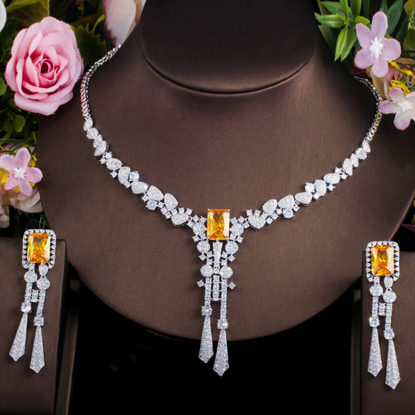 Long Tassel Dangling Drop Necklace and Earring Wedding Engagement Jewelry Set