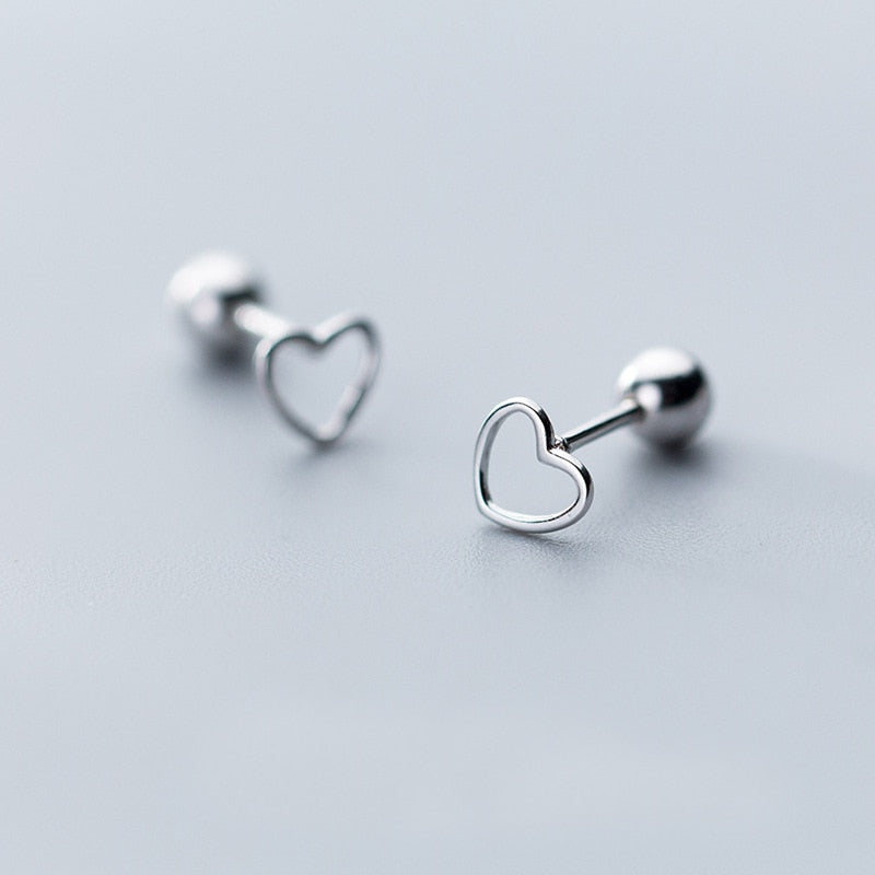 925 Sterling Silver Hollow Love Heart Screw Stud Earrings