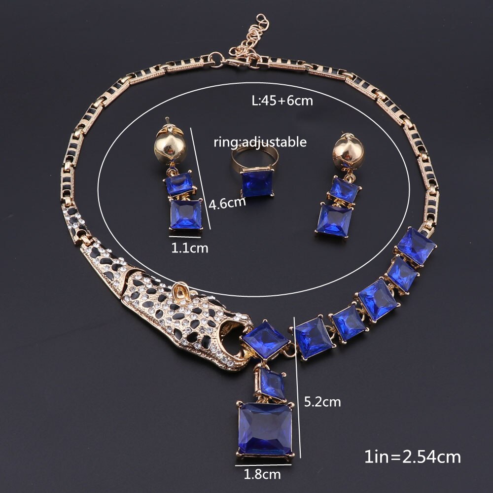 Crystal Leopard Statement Necklace Earring Ring Jewelry Sets