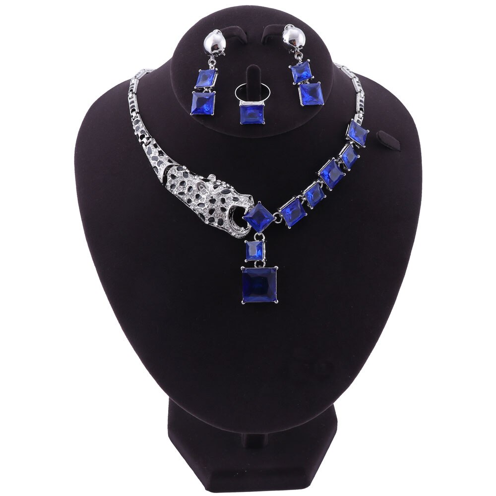 Crystal Leopard Statement Necklace Earring Ring Jewelry Sets