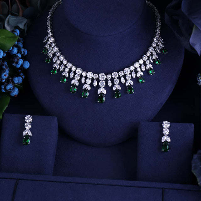 Luxury Sparking Brilliant Cubic Zircon Drop Earring Necklace  Jewelry Set
