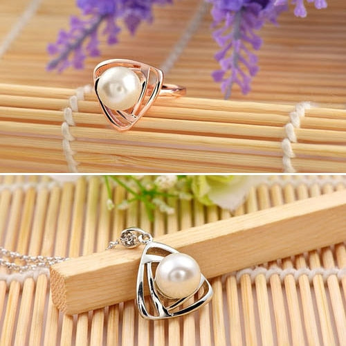 Triangular Pendant Necklace Earrings Ring Jewelry Set