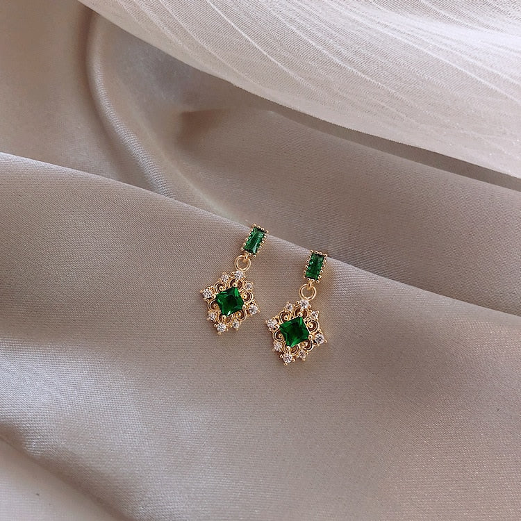 Fashion Geometric Compact Zircon Green Crystal Earrings