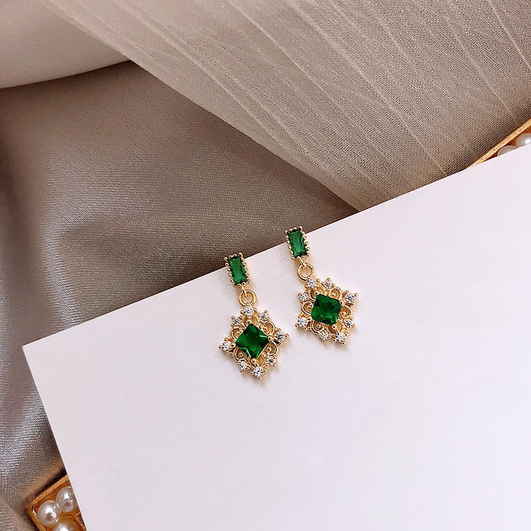 Fashion Geometric Compact Zircon Green Crystal Earrings