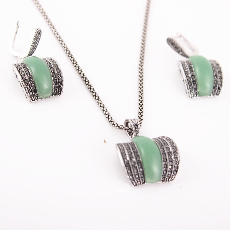 Geometric Green Stone Ring Necklace And Earrings Sets