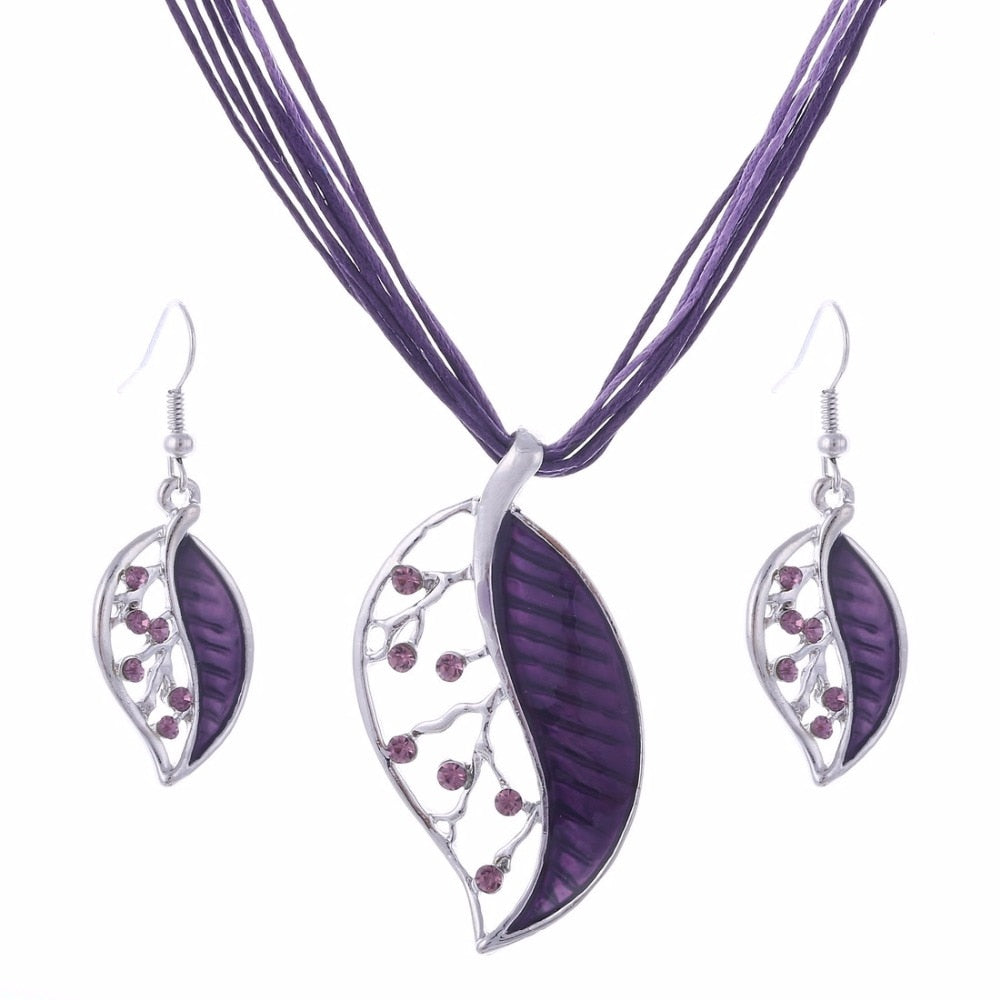 Colorful Long Leaf Square Gem Pendant Necklace Drop Earring Sets