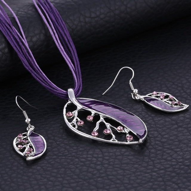 Colorful Long Leaf Square Gem Pendant Necklace Drop Earring Sets