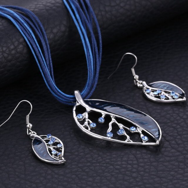 Colorful Long Leaf Square Gem Pendant Necklace Drop Earring Sets