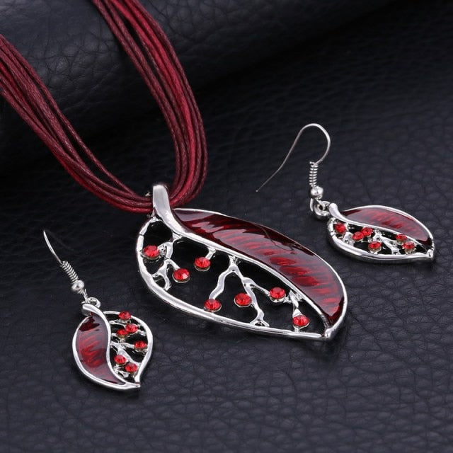 Colorful Long Leaf Square Gem Pendant Necklace Drop Earring Sets