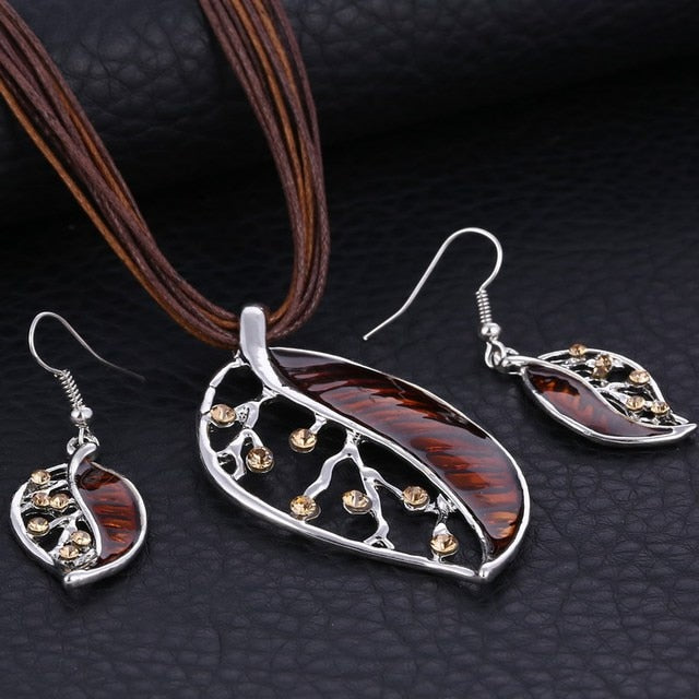 Colorful Long Leaf Square Gem Pendant Necklace Drop Earring Sets
