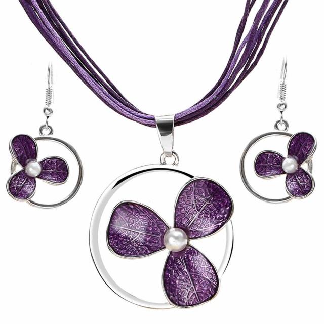 Colorful Long Leaf Square Gem Pendant Necklace Drop Earring Sets