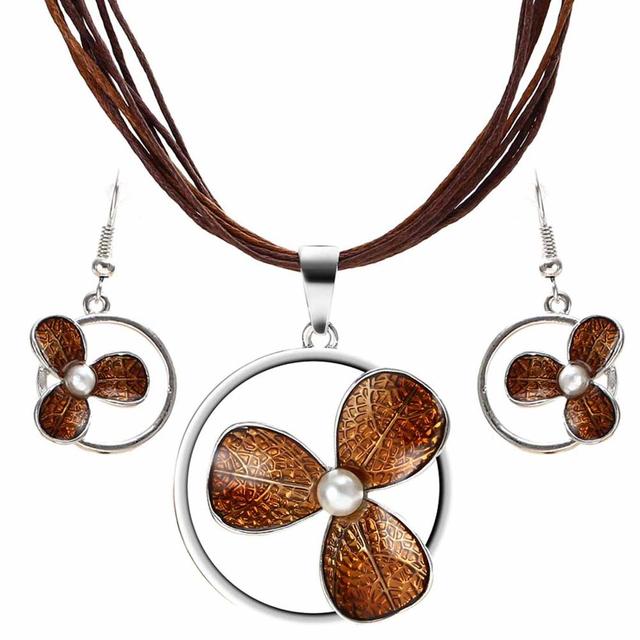 Colorful Long Leaf Square Gem Pendant Necklace Drop Earring Sets
