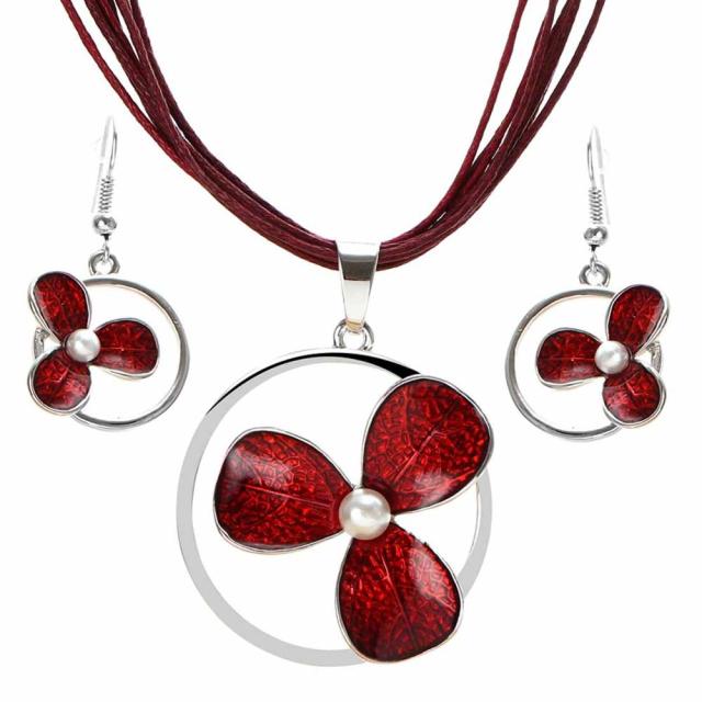Colorful Long Leaf Square Gem Pendant Necklace Drop Earring Sets