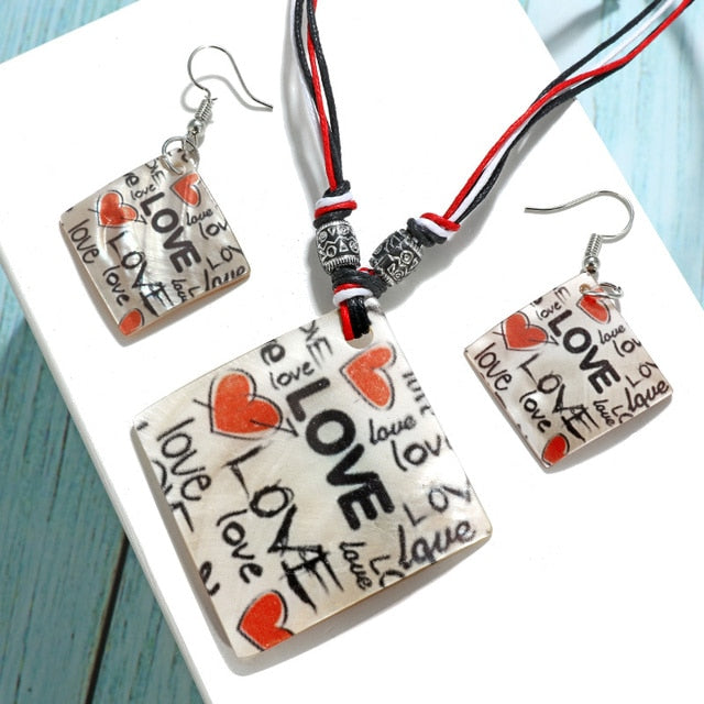 Colorful Long Leaf Square Gem Pendant Necklace Drop Earring Sets