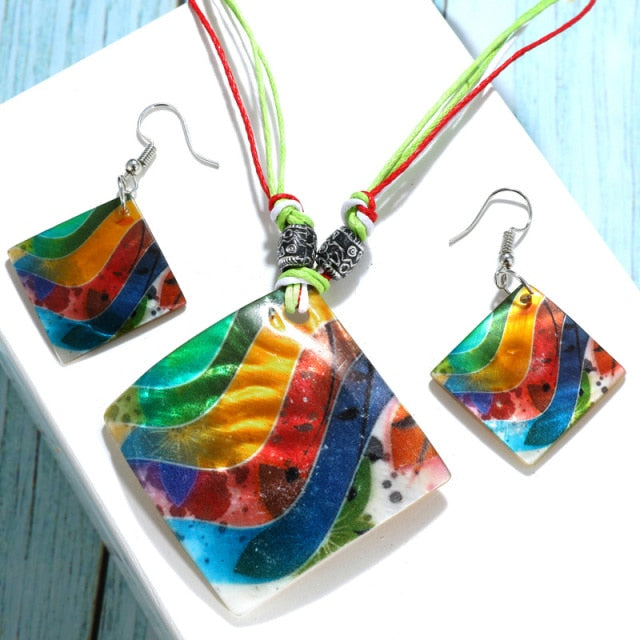 Colorful Long Leaf Square Gem Pendant Necklace Drop Earring Sets