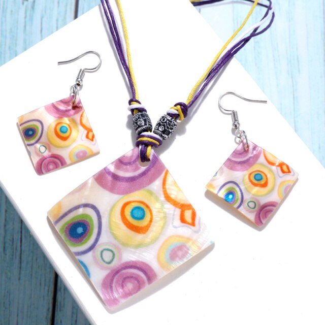 Colorful Long Leaf Square Gem Pendant Necklace Drop Earring Sets