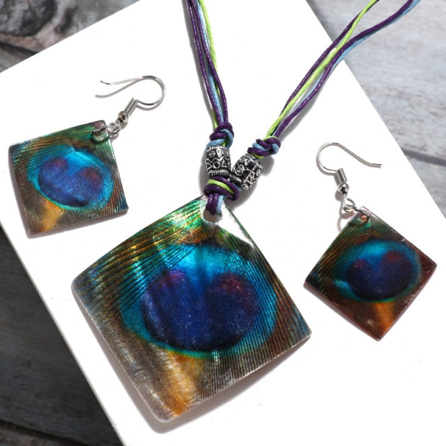 Colorful Long Leaf Square Gem Pendant Necklace Drop Earring Sets
