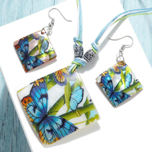 Colorful Long Leaf Square Gem Pendant Necklace Drop Earring Sets
