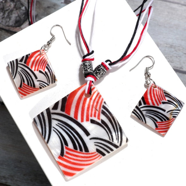 Colorful Long Leaf Square Gem Pendant Necklace Drop Earring Sets