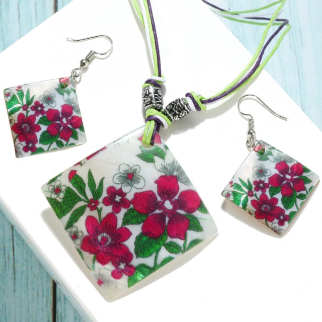 Colorful Long Leaf Square Gem Pendant Necklace Drop Earring Sets