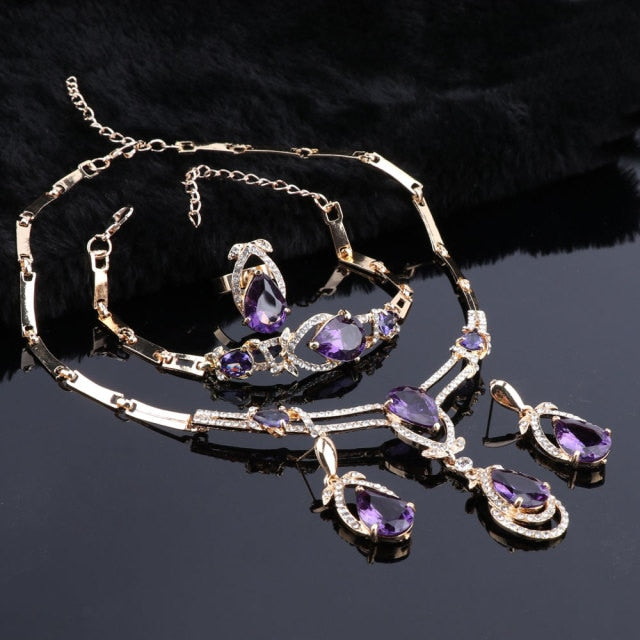 Women Gold Color Purple Zircon Crystal African Beads Necklace Jewelry Set