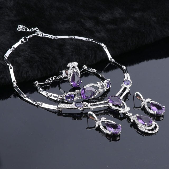 Women Gold Color Purple Zircon Crystal African Beads Necklace Jewelry Set