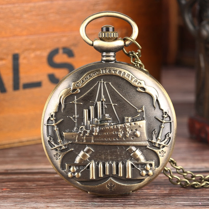 3D Warship Pattern Necklace Pendant Souvenir Gifts Quartz Pocket Watch