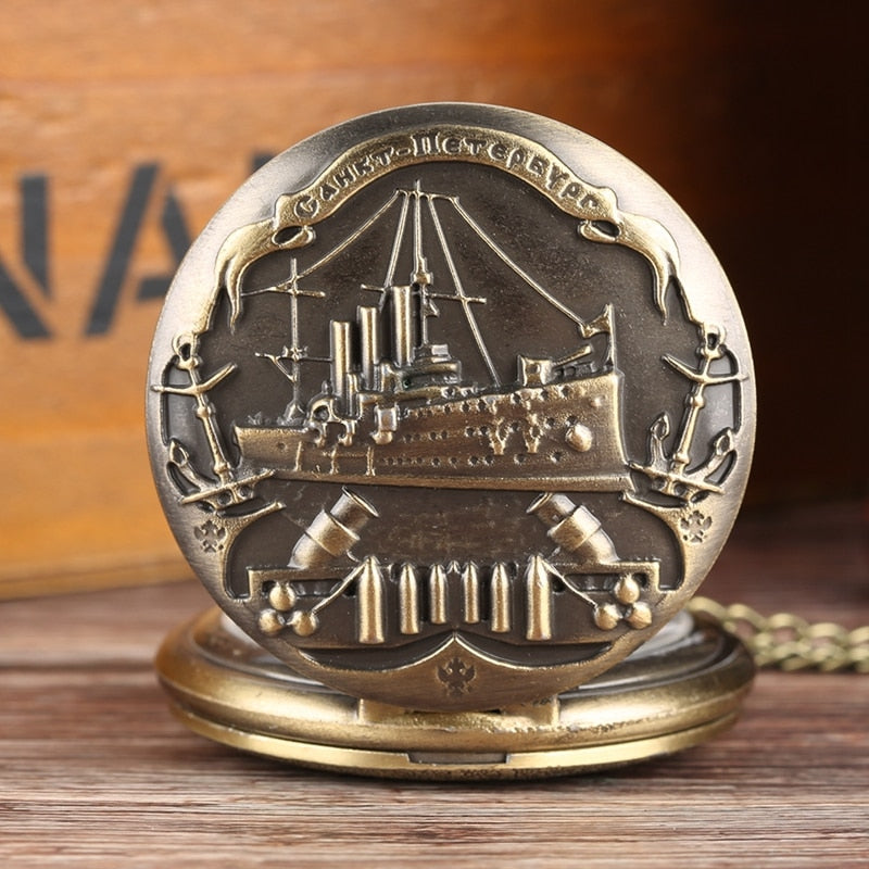 3D Warship Pattern Necklace Pendant Souvenir Gifts Quartz Pocket Watch