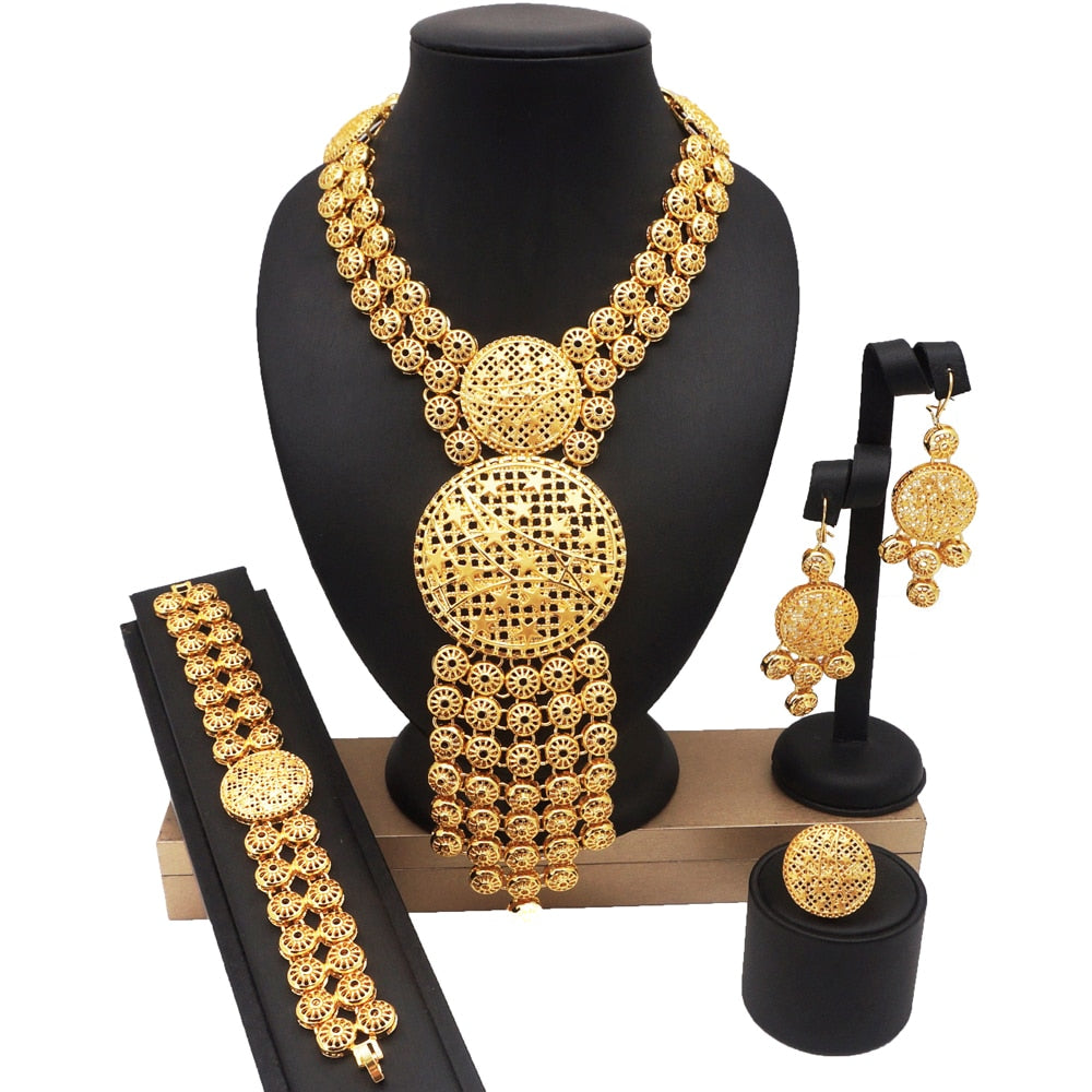 Dubai 24k Gold Big  Women Wedding Long Necklace Ethiopian Set
