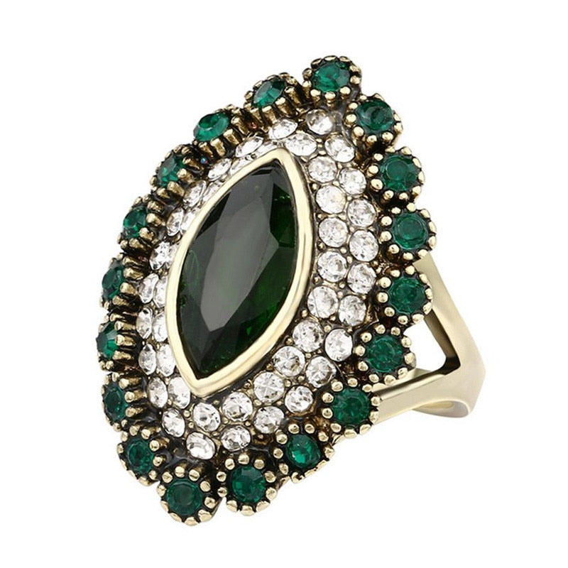 Green Crystal Flower Statement Necklace Earring Lozenge Ring Jewelry Set