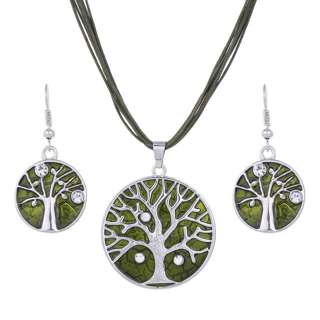 Colorful Long Leaf Square Gem Pendant Necklace Drop Earring Sets
