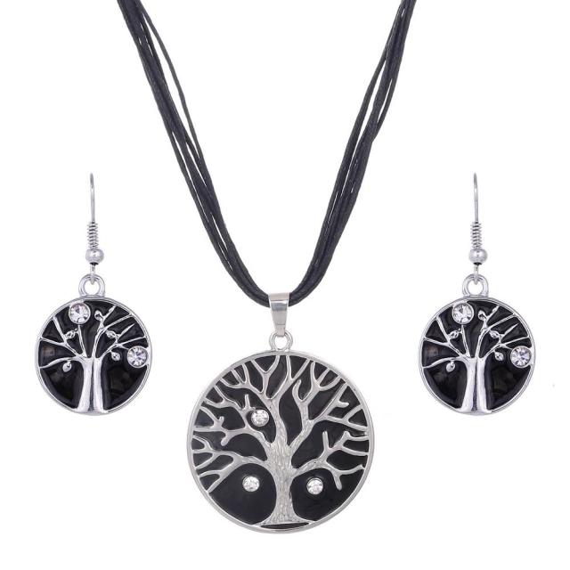 Colorful Long Leaf Square Gem Pendant Necklace Drop Earring Sets