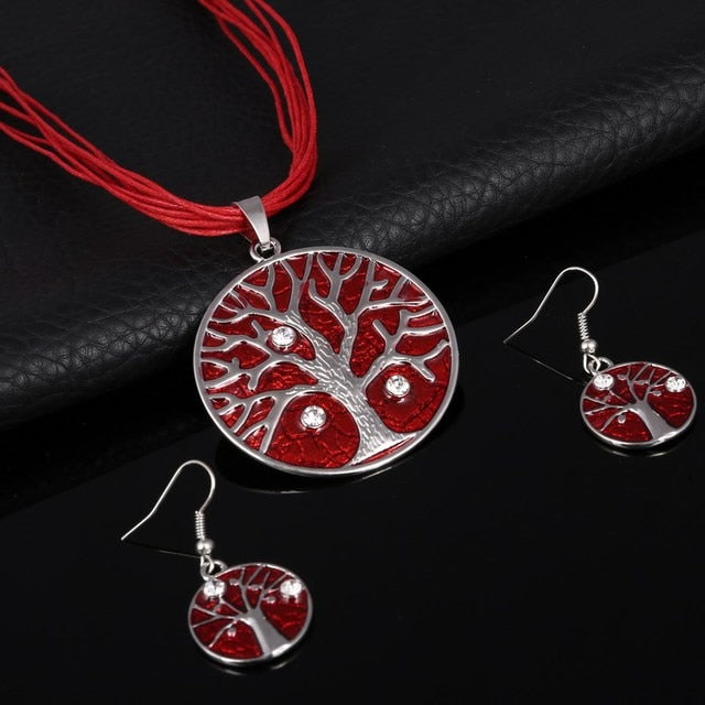 Colorful Long Leaf Square Gem Pendant Necklace Drop Earring Sets