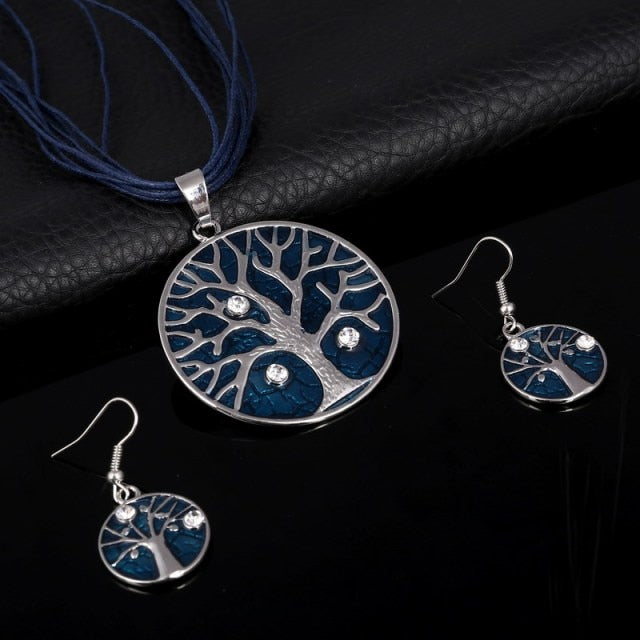 Colorful Long Leaf Square Gem Pendant Necklace Drop Earring Sets