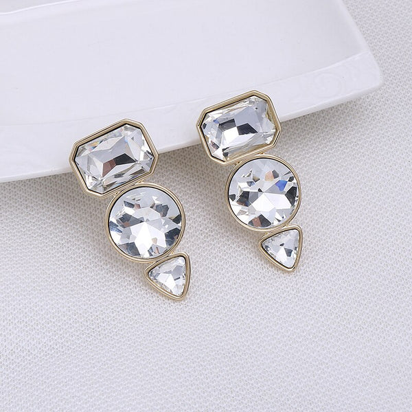 Pendientes de clip con piedra de cristal transparente geométrica grande y de moda, sin perforaciones