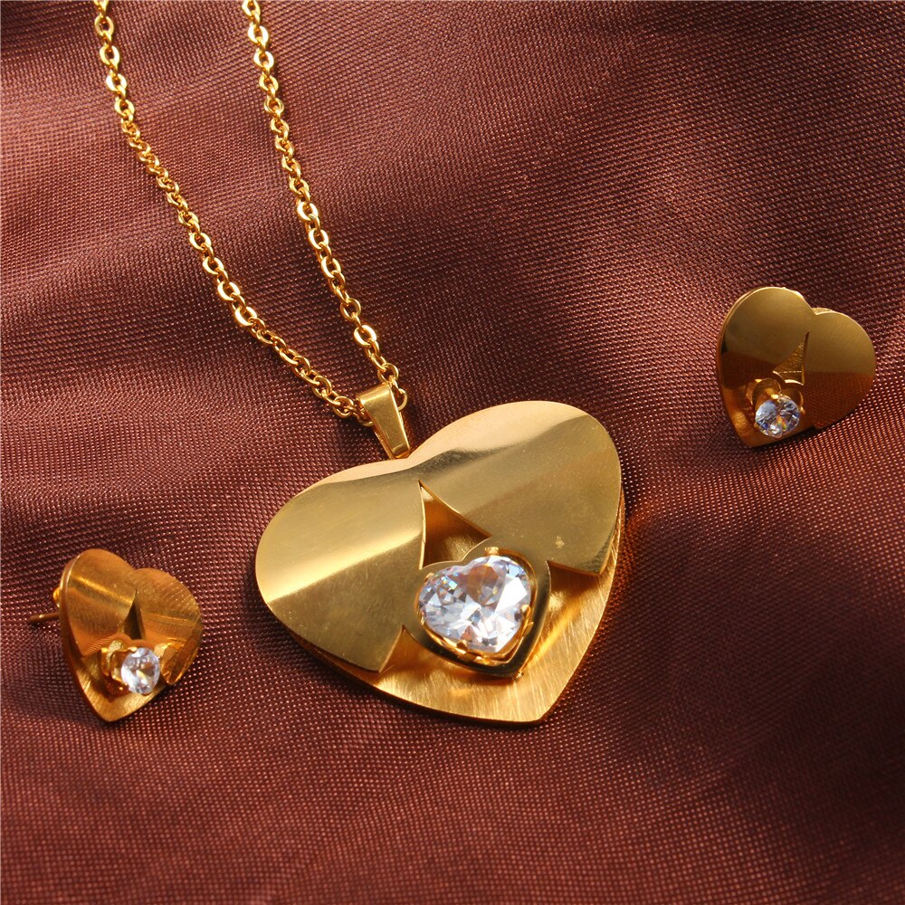 stainless steel fashion heart zircon gift bridal jewelry sets