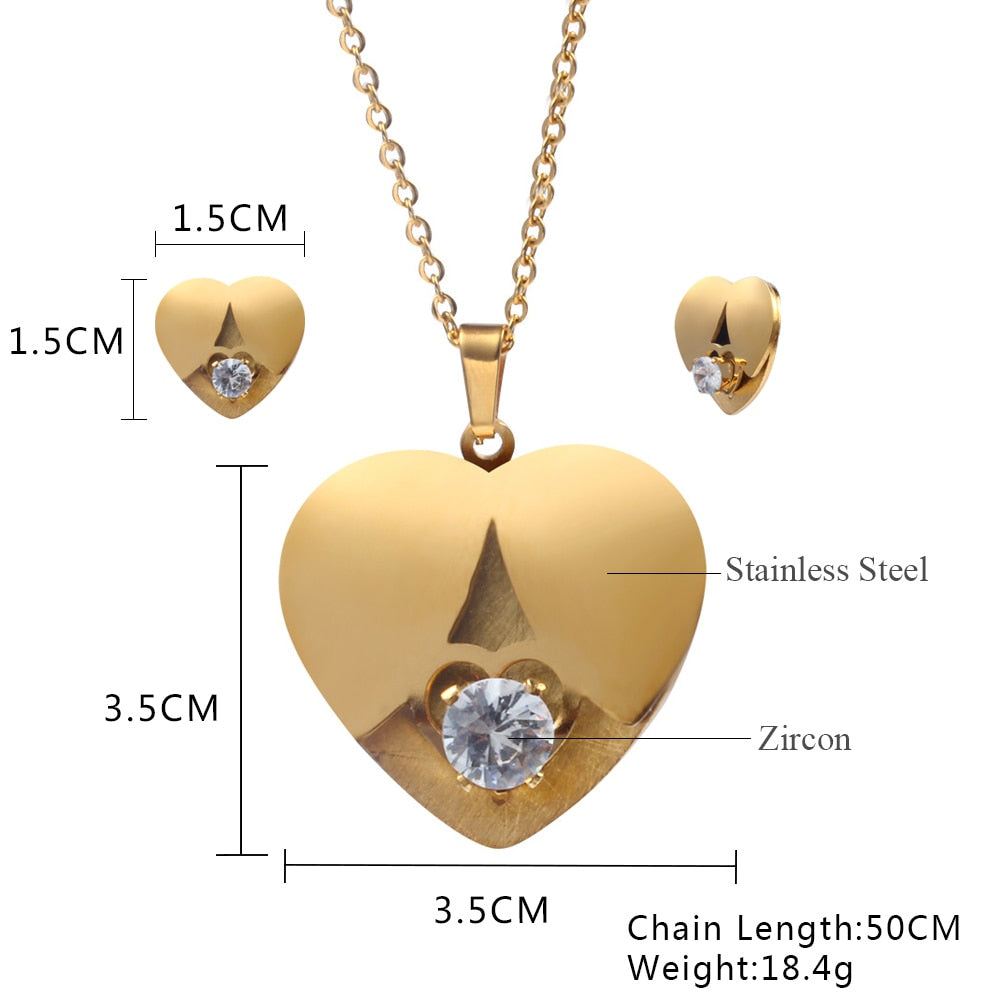 stainless steel fashion heart zircon gift bridal jewelry sets