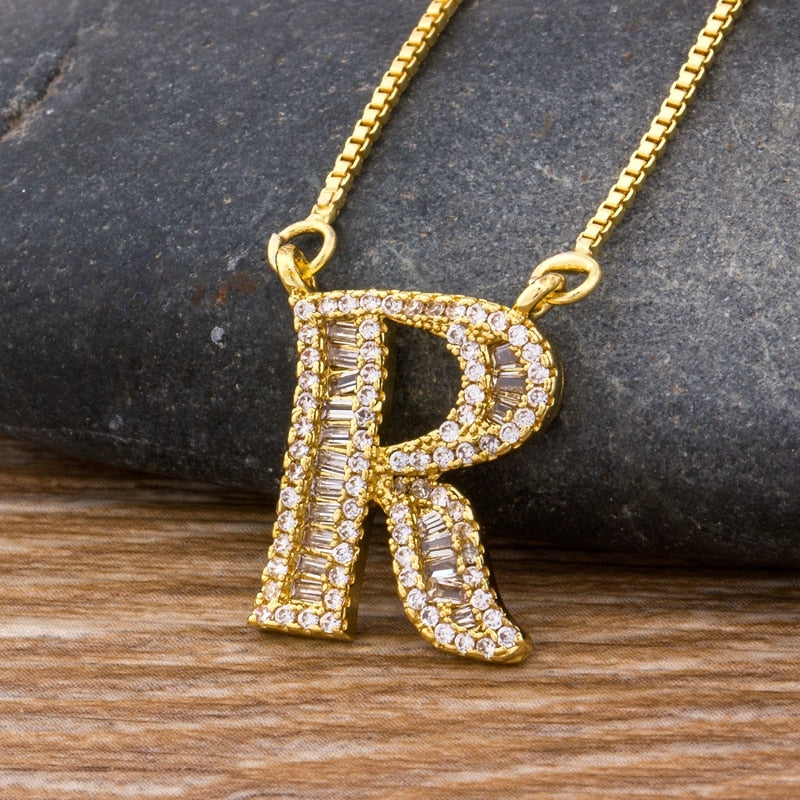 Luxury Gold Color A-Z 26 Letters Necklace CZ Pendant