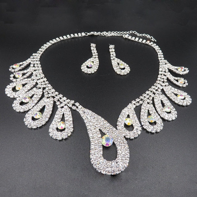 Rhinestone Silver Plated Wedding Acessories Charm Necklace Earrings Sets