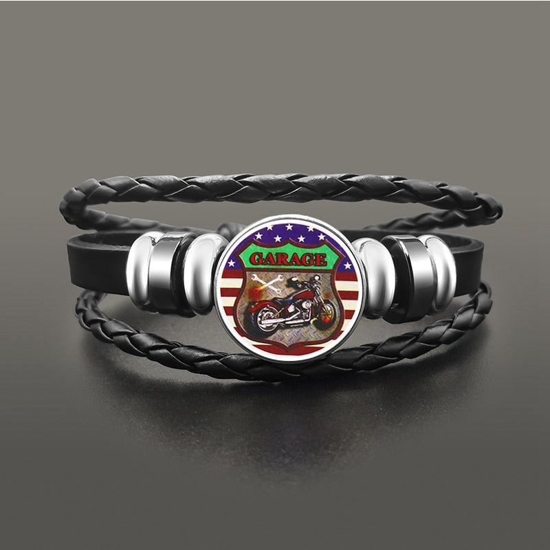 Punk Leather Glass Dome Cabochon Button Snap Bracelets