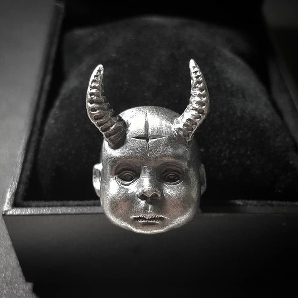 Gothic Horned Demon Baby Ring Pagan Cross Satanic Devil Stainless Steel Biker Rings