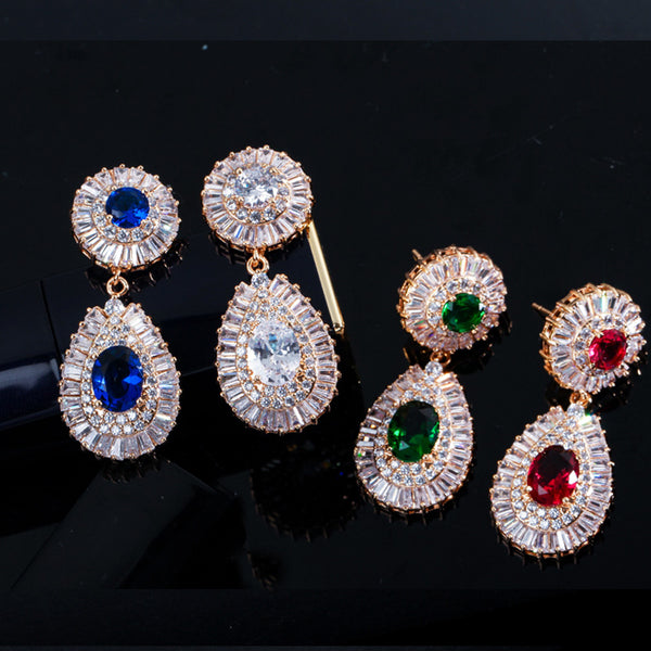 Pendientes colgantes de lujo para novia, de Dubái, con circonitas cúbicas rojas grandes y redondas en color dorado