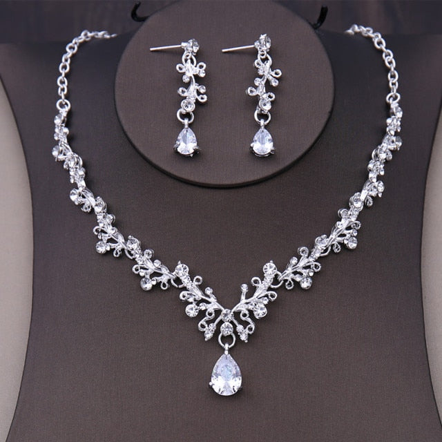 Rhinestone Crown Tiara Choker Necklace Earrings Jewelry Set