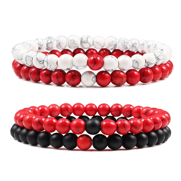 Pulsera para hombre con turquesas rojas y piedra natural negra mate