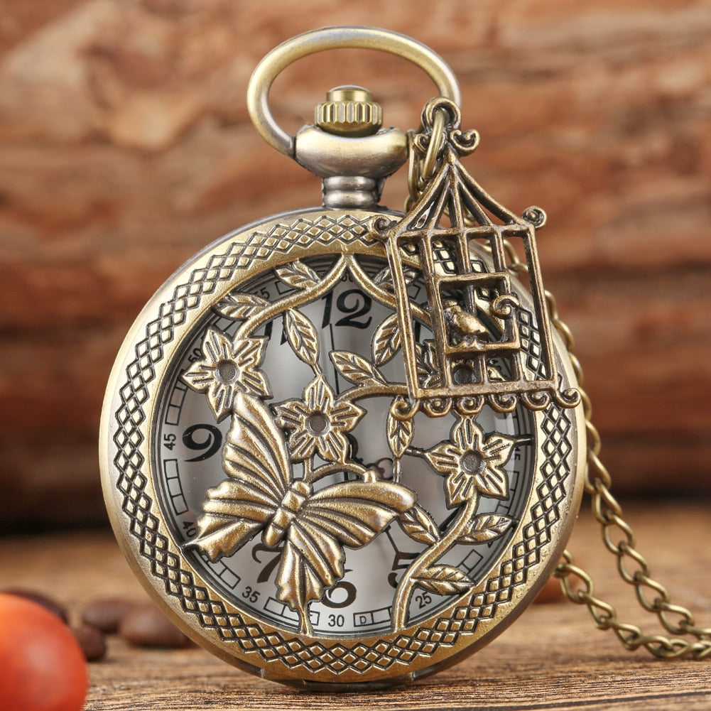 Bronze Butterfly and Flower Retro Style Necklace Pocket Watch